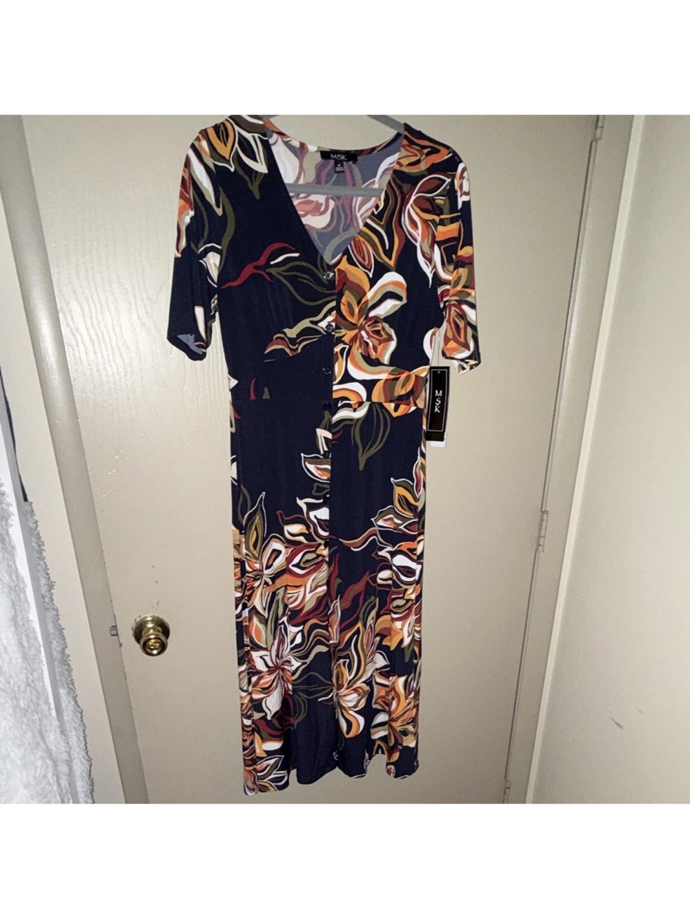 MSK navy blue Floral-Print V-Neck Maxi Dress